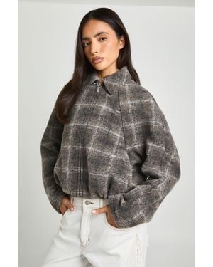 Boohoo Collared Wool Look Bomber Jacket - Grey