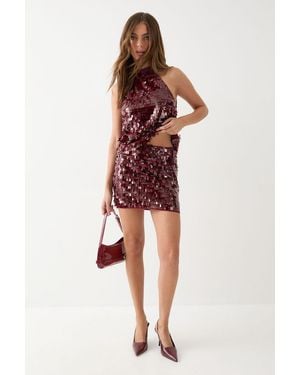 MissPap Dense Teardrop Sequin Halter Neck Top - Red
