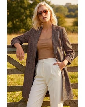 Roman Petite Button Check Coat - Brown