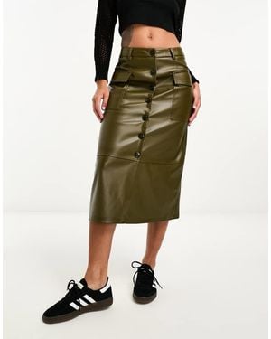 ONLY Faux Leather Button Down Cargo Midi Skirt - Green