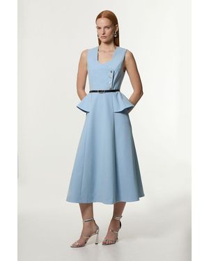 Karen Millen Petite Compact Stretch Belted Peplum Detail Full Skirted Midi Dress - Blue