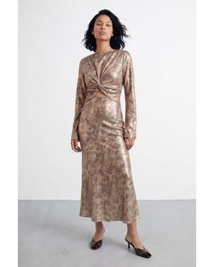 Warehouse Metallic Twist Front Cut Out Bias Cut Midi Dress - Brown