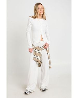 Boohoo Petite Rib Button Through Long Sleeve Top And Wide Leg Trouser Co-Ord - White