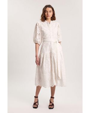 Karen Millen Petite Scalloped Hem Broderie Midi Shirt Dress - Natural