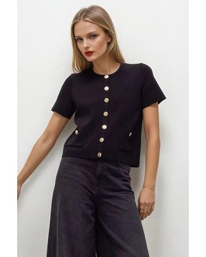 Secret Label Short Sleeve Crew Neck Button Front Cardigan - Blue