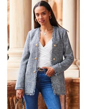 Sosandar Boucle Longline Jacket With Buttons Cotton/Polyester - Blue