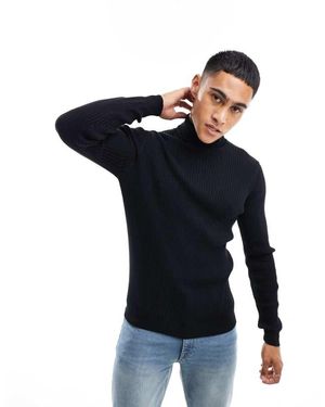 Brave Soul Cotton Ribbed Roll Neck Jumper - Blue