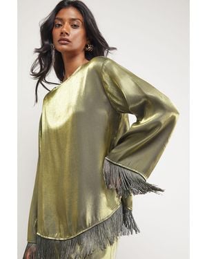 Oasis Satin Fringe Hem Oversized Top - Green