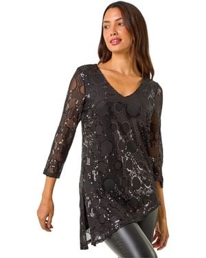Roman Circle Sequin Asymmetric Top - Black