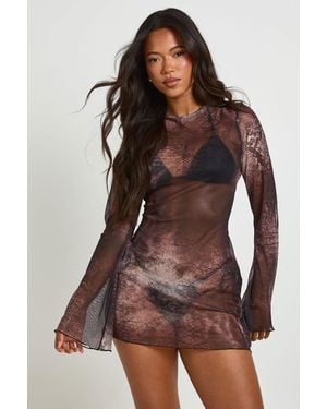Boohoo Leopard Print Sheer Mesh Mini Beach Dress - Brown
