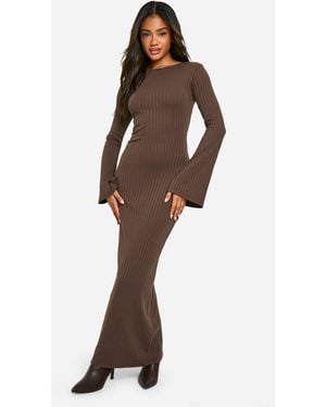 Boohoo Wide Rib Tie Back Flare Sleeve Maxi Dress - Brown