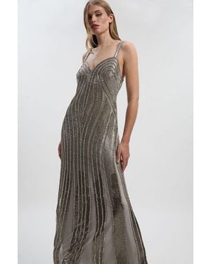 Karen Millen Beaded Contour Sweet Heart Neckline Woven Maxi Dress - Metallic