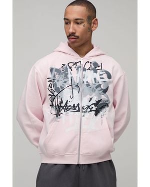 BoohooMAN Oversized Boxy Bright Spray Graffiti Print Zip Through Hoodie - Pink