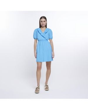 River Island Wrap Mini Dress Puff Sleeve Cotton - Blue