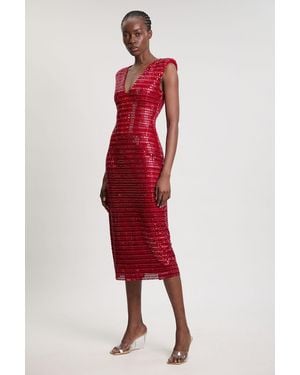 Karen Millen Premium Crystal Embellished Jersey Sleeveless Plunge Neck Midi Dress - Red