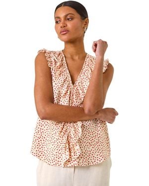 Roman Floral Print Ruffle Front Top - White