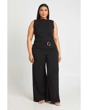 Boohoo Plus Belted Trim Detail Wide Leg Jumpsuit - Black