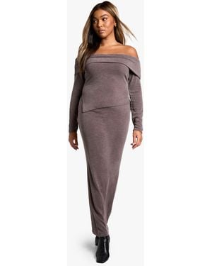Boohoo Plus Two Tone Rib Off Shoulder Top & Maxi Skirt Co Ord - Brown