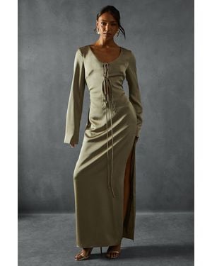 MissPap Premium Satin Tie Front Long Sleeve Maxi Dress - Grey
