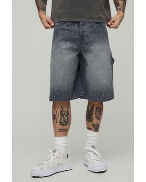 BoohooMAN All Over Rhinestone Overdye Jorts - Grey