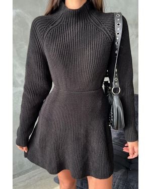 Hiccup 2 Pieces: High Neck Knitted Jumper & Waist Skater Skirt - Black