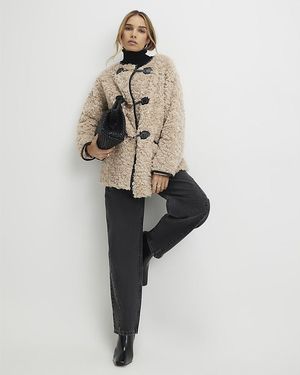 River Island Coat Long Sleeve Tipped Borg Duffle - Natural