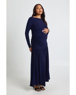 Boohoo Maternity Soft Ruched Long Sleeve Maxi Dress - Blue