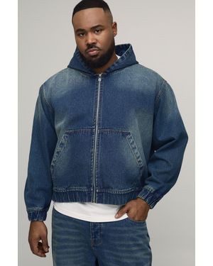 BoohooMAN Plus Washed Denim Zip Up Hoodie - Blue
