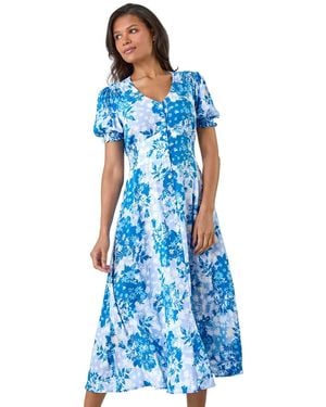 Roman Button Through Floral Shirred Midi Dress - Blue