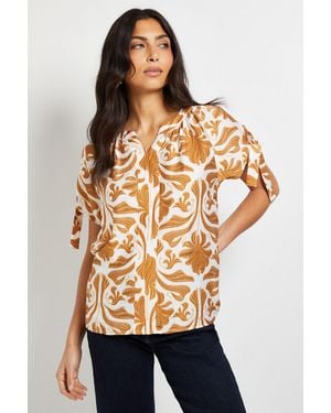 Wallis Abstract Tie Sleeve Collarless Top - Natural