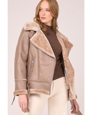 Barneys Originals Faux Shearling Belted Aviator - Brown