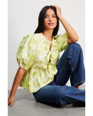 Warehouse Print Poplin Tie Front Volume Sleeve Blouse - Multicolour