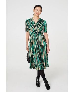 Izabel London Printed 1/2 Sleeve Wrap Waist Midi Dress - Green