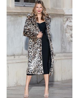 Sosandar Leopard Print Premium Faux Fur Longline Coat - Grey