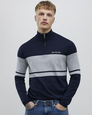 River Island Jumper Slim Fit Colour Block Half Zip Viscose - Blue
