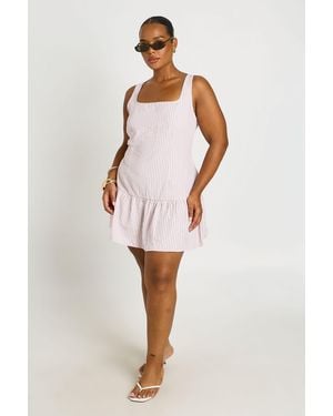 Boohoo Plus Stripe Square Neck Frill Hem Mini Dress - White
