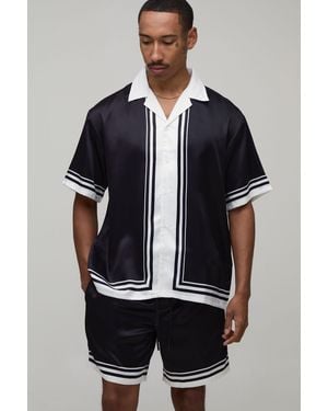 BoohooMAN Oversized Short Sleeve Double Boarder Print Satin Shirt & Set - Blue