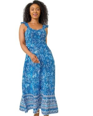 Roman Petite Border Print Shirred Midi Dress - Blue