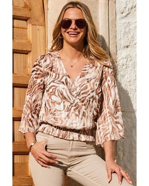 Sosandar Natural Zebra Print Shirred Hem Wrap Top - Brown