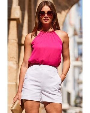 Sosandar Hot Chain Trim Halter Neck Top Viscose - Pink