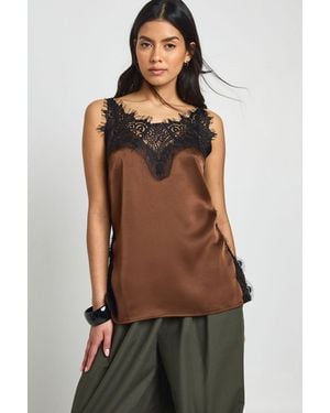 Boohoo Lace Side Split Satin Cami Top - Brown