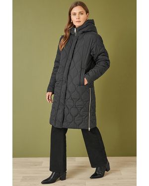 Yumi' Padded Quilted Long Coat With Zip Detail And Hood - Green
