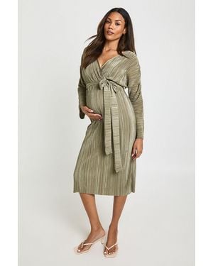 Boohoo Maternity Plisse Belted Midi Dress - Green