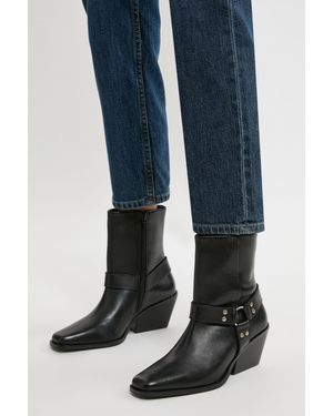 Karen Millen Square Toe Leather Cowboy Heeled Ankle Boot - Blue