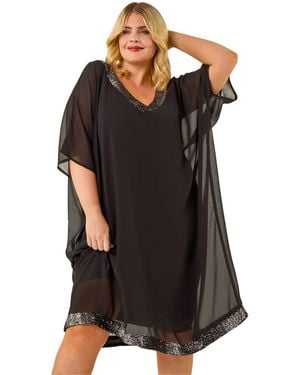 Roman Curve Sequin Chiffon Overlay Dress - Black