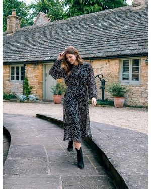 Blue Vanilla Polka Dot Tie Neck Midi Dress - Grey