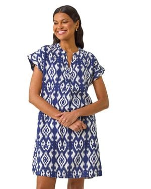 Roman Aztec Print Linen Mix Shift Dress - Blue