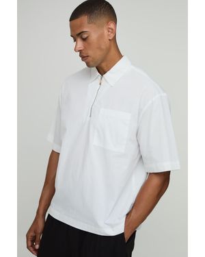 BoohooMAN Oversized Boxy Quarter Zip Half Sleeve Shirt - White