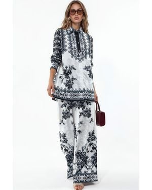 Msn-Collection Floral Shirt And Wide-Leg Trousers Set - White