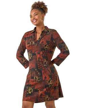 Roman Patchwork Print Shift Dress - Brown